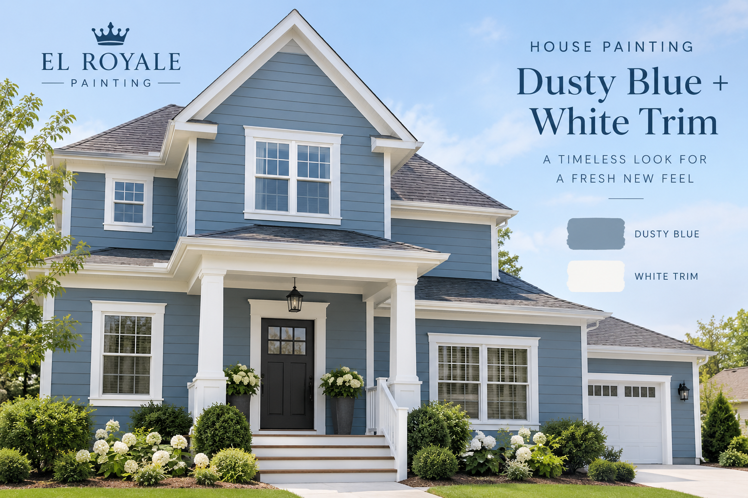 House Painting: Dusty Blue + White Trim