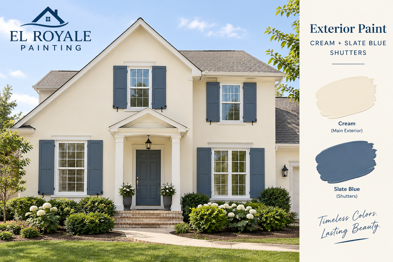 Exterior Paint: Cream + Slate Blue Shutters