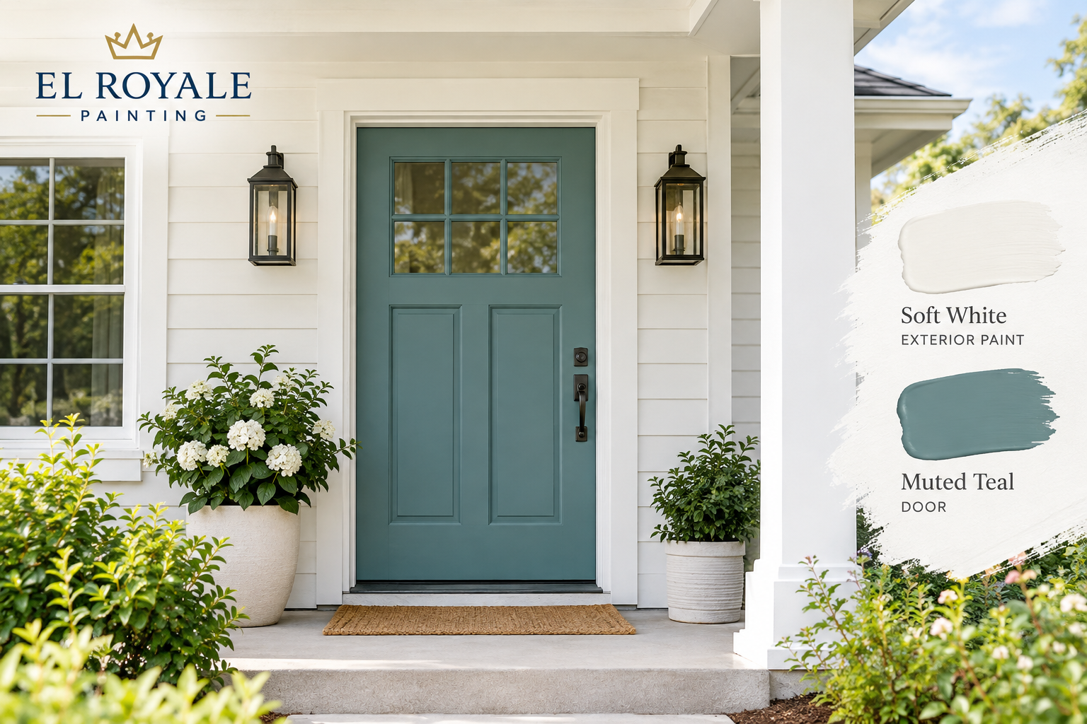 Exterior Paint: Soft White + Muted Teal Door