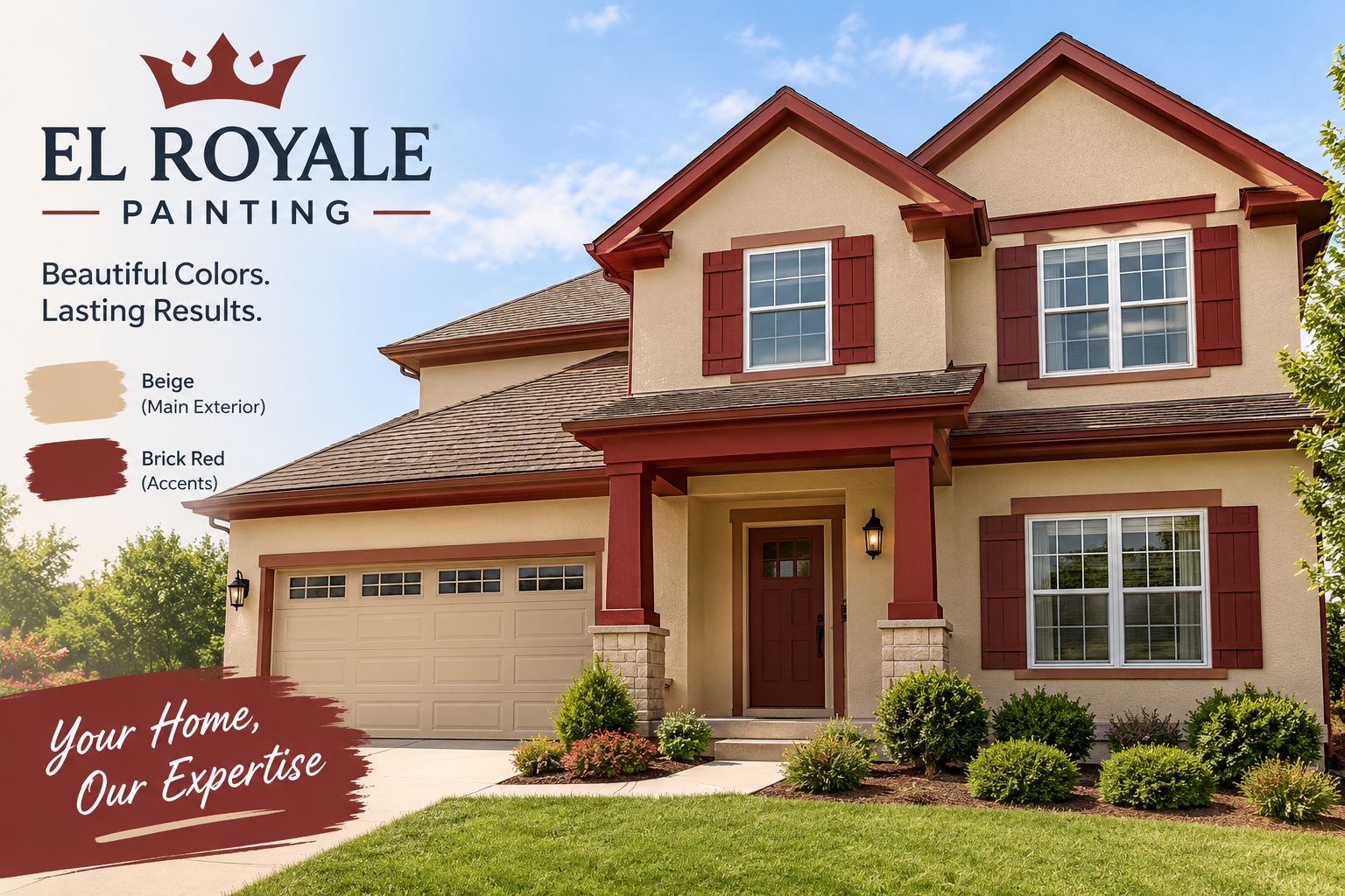 Exterior House Painting: Beige & Brick Red Combo Ideas 2026