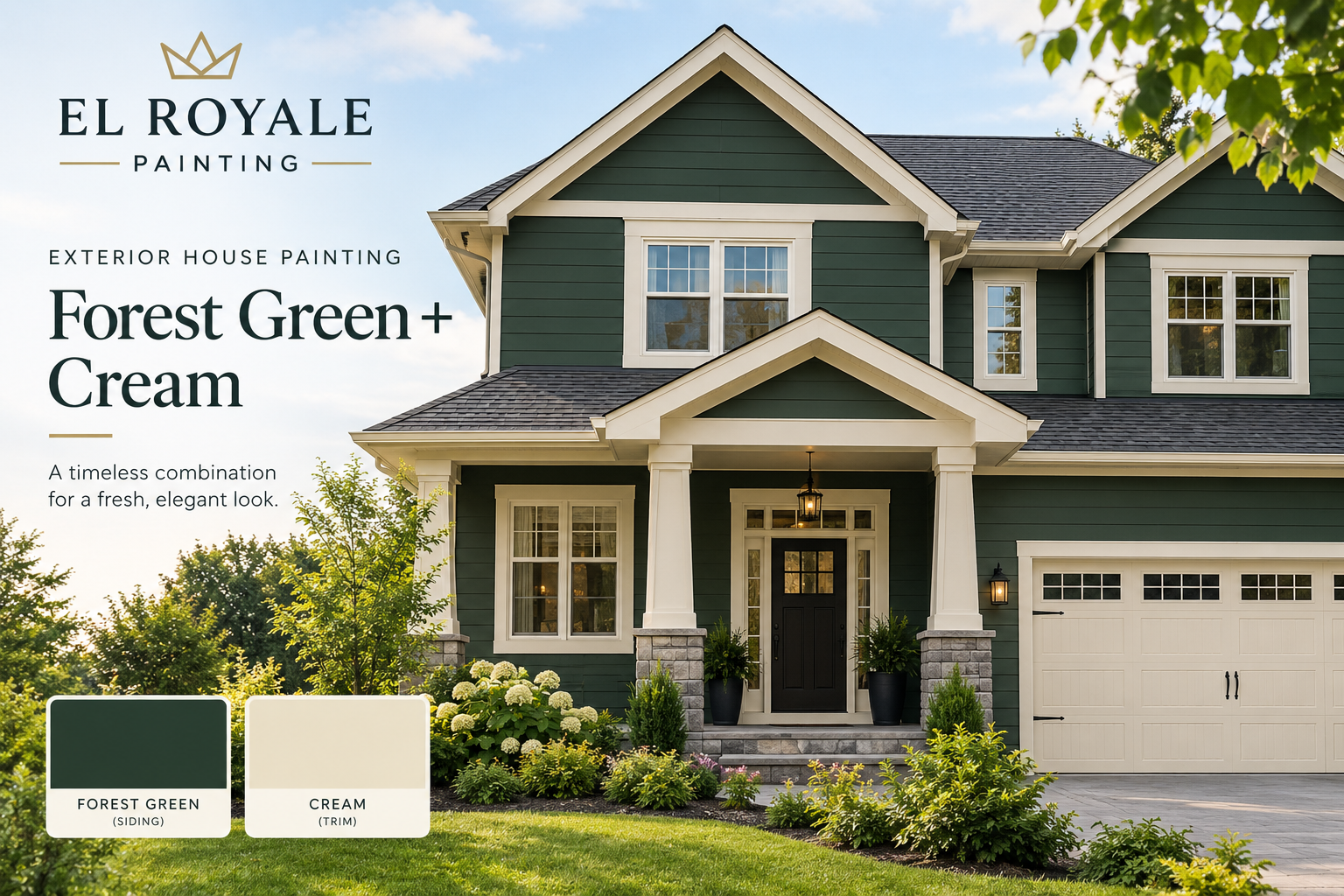 Exterior House Painting: Forest Green + Cream