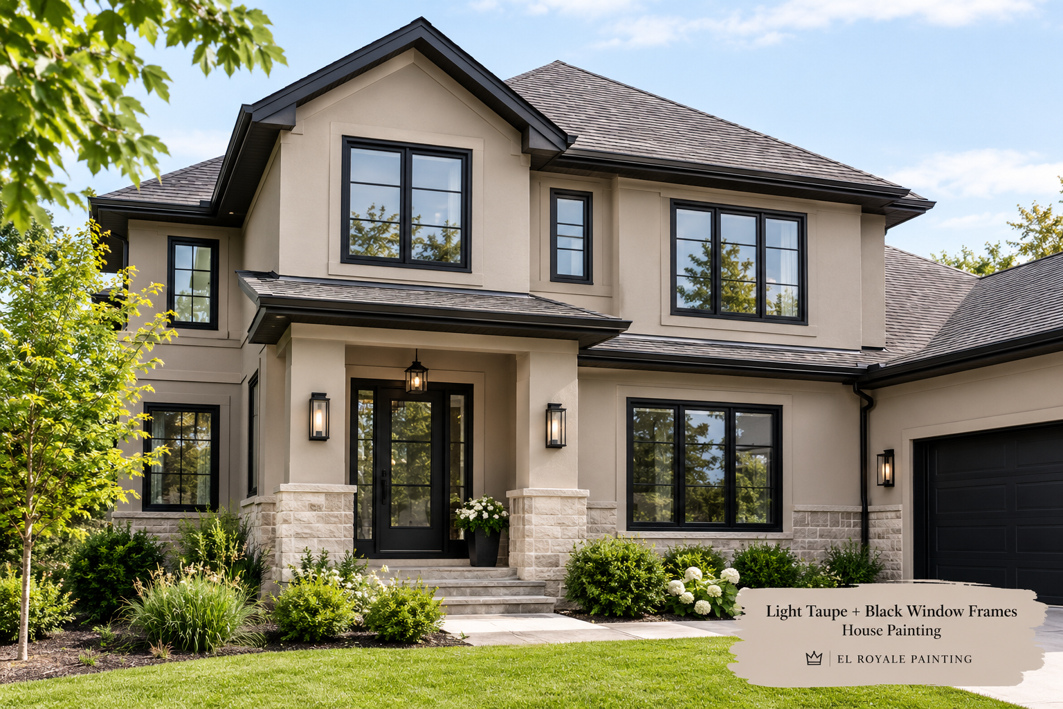 Exterior House Painting Guide: Light Taupe & Black Trim
