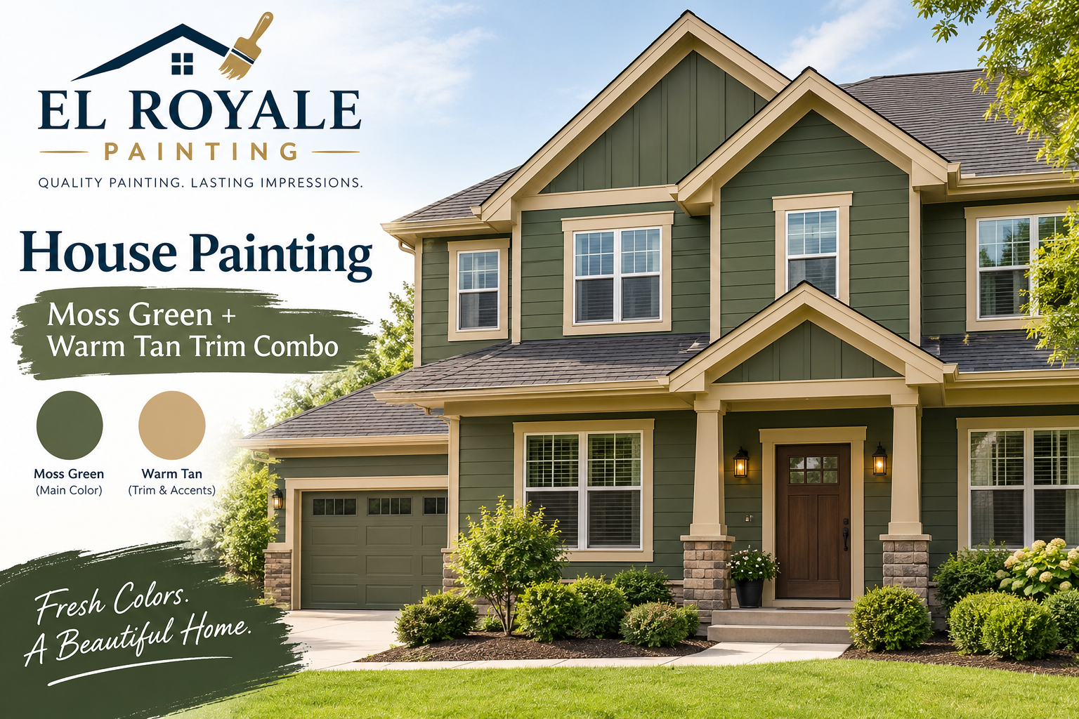 House Painting Moss Green + Warm Tan Trim Combo