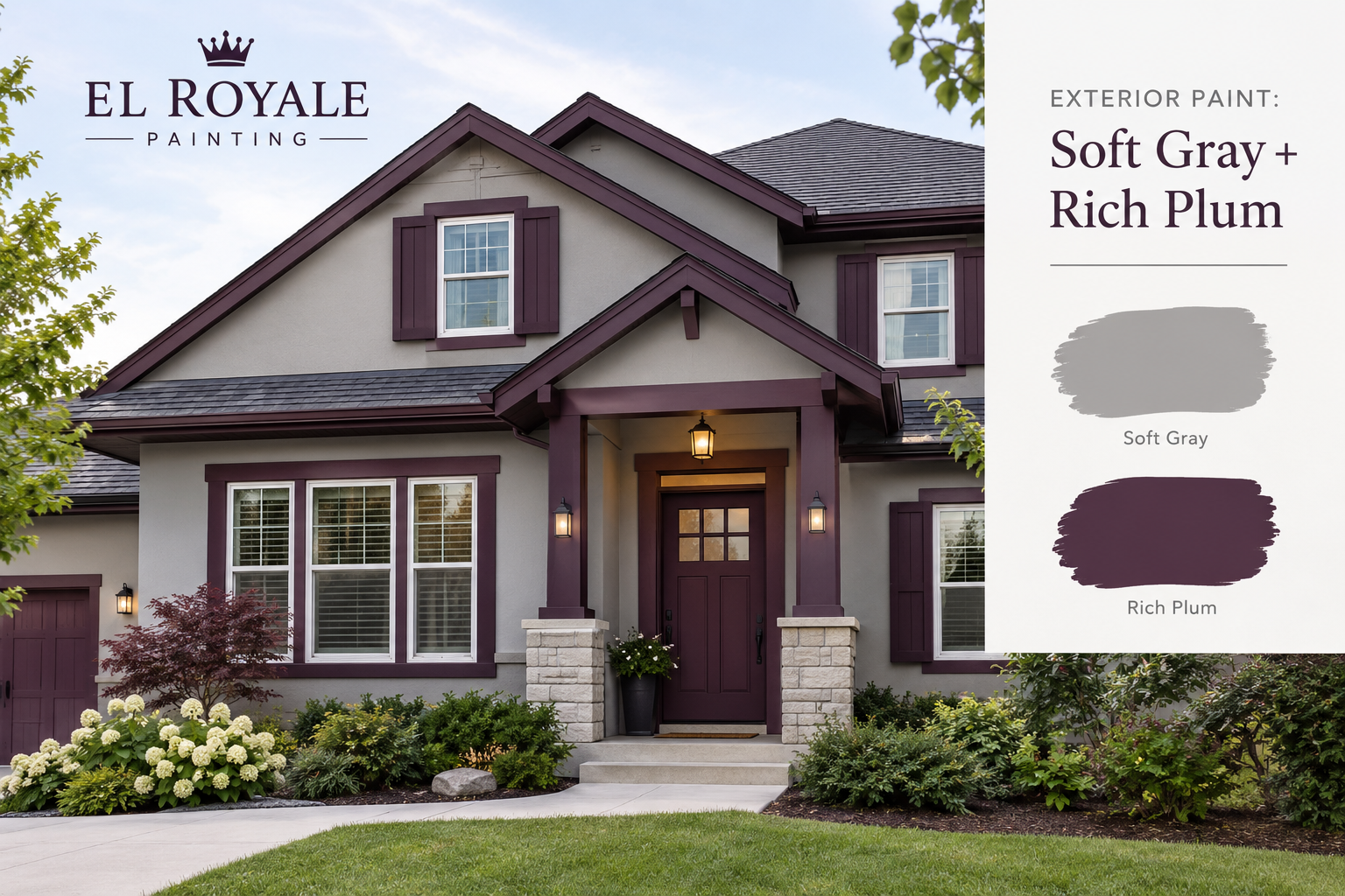 Exterior Paint: Soft Gray + Rich Plum