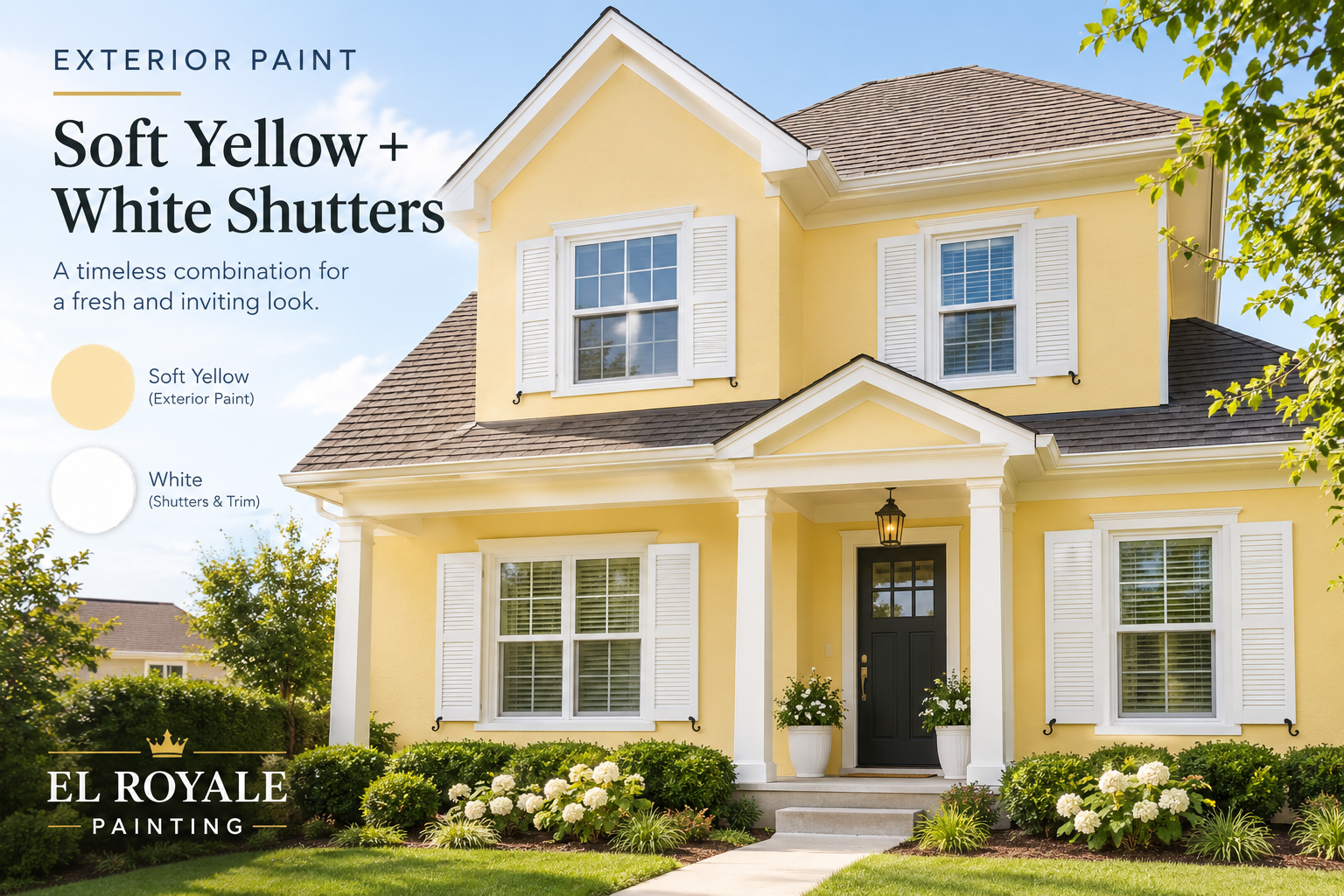 Exterior Paint: Soft Yellow + White Shutters Ideas